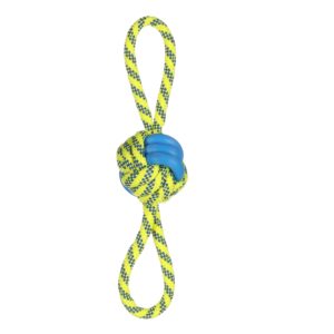 Flamingo Spielzeug Tofla - Ring Zerseil mit Knotenball blau & gelb für Hunde