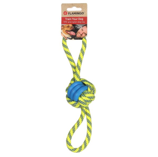 Flamingo Spielzeug Tofla - Ring Zerseil mit Knotenball blau & gelb für Hunde – Bild 2