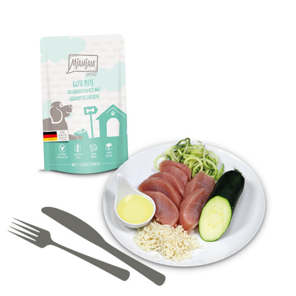 Mjamjam - Quetschie - gute Pute an gekochtem Reis mit gedämpfter Zucchini 125g – Bild 2