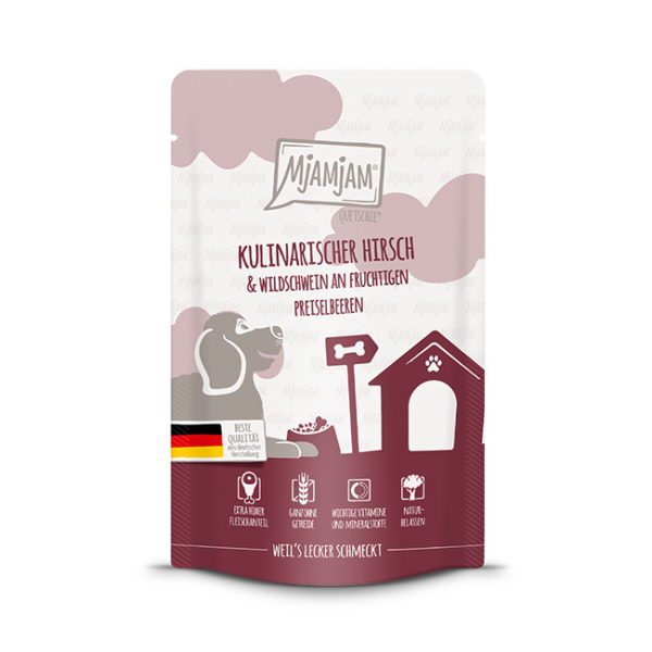 Mjamjam - Quetschie -  kulinarischer Hirsch & Wildschwein an fruchtigen Preiselbeeren 125g