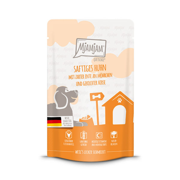 Mjamjam - Quetschie - saftiges Huhn mit zarter Ente an Möhrchen und gekochter Hirse 125g