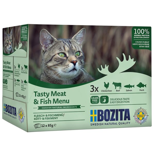 Bozita Cat MultiPack Hühnerleber, Rind, Lachs und Flussbarsch12x85g Pouch