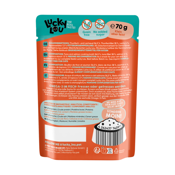 Lucky Lou Extrafood Thunfisch & Lachs in Sud 70g Pouch – Bild 3