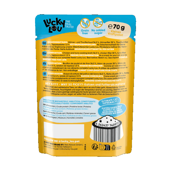 Lucky Lou Extra Food Hühner- & Thunfischfilet in Sud 70g Pouch – Bild 3
