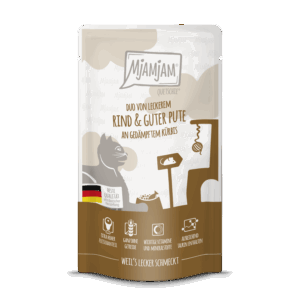 Mjamjam Cat - Quetschie - DUO von leckerem Rind & guter Pute an gedämpftem Kürbis
