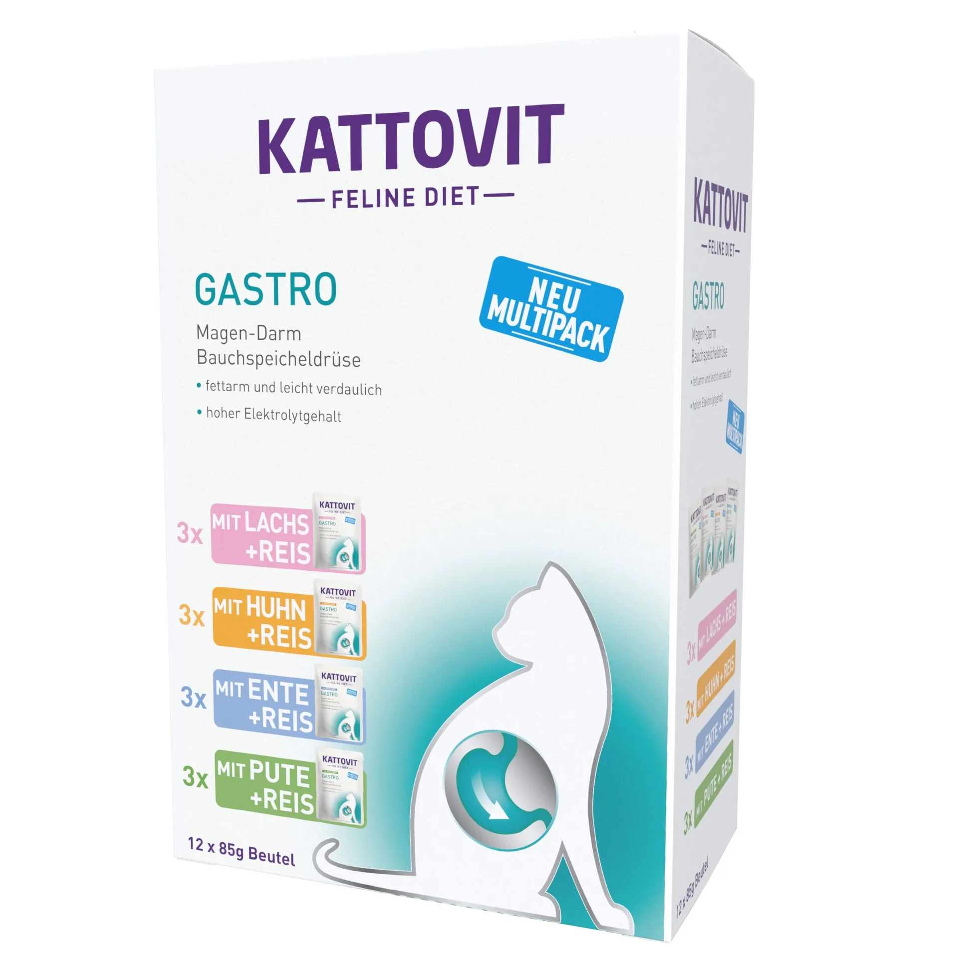 Kattovit Gastro - Multipack- Lachs+Reis, Huhn+Reis, Ente+Reis, Pute + Reis (12x85g) Frischebeutel