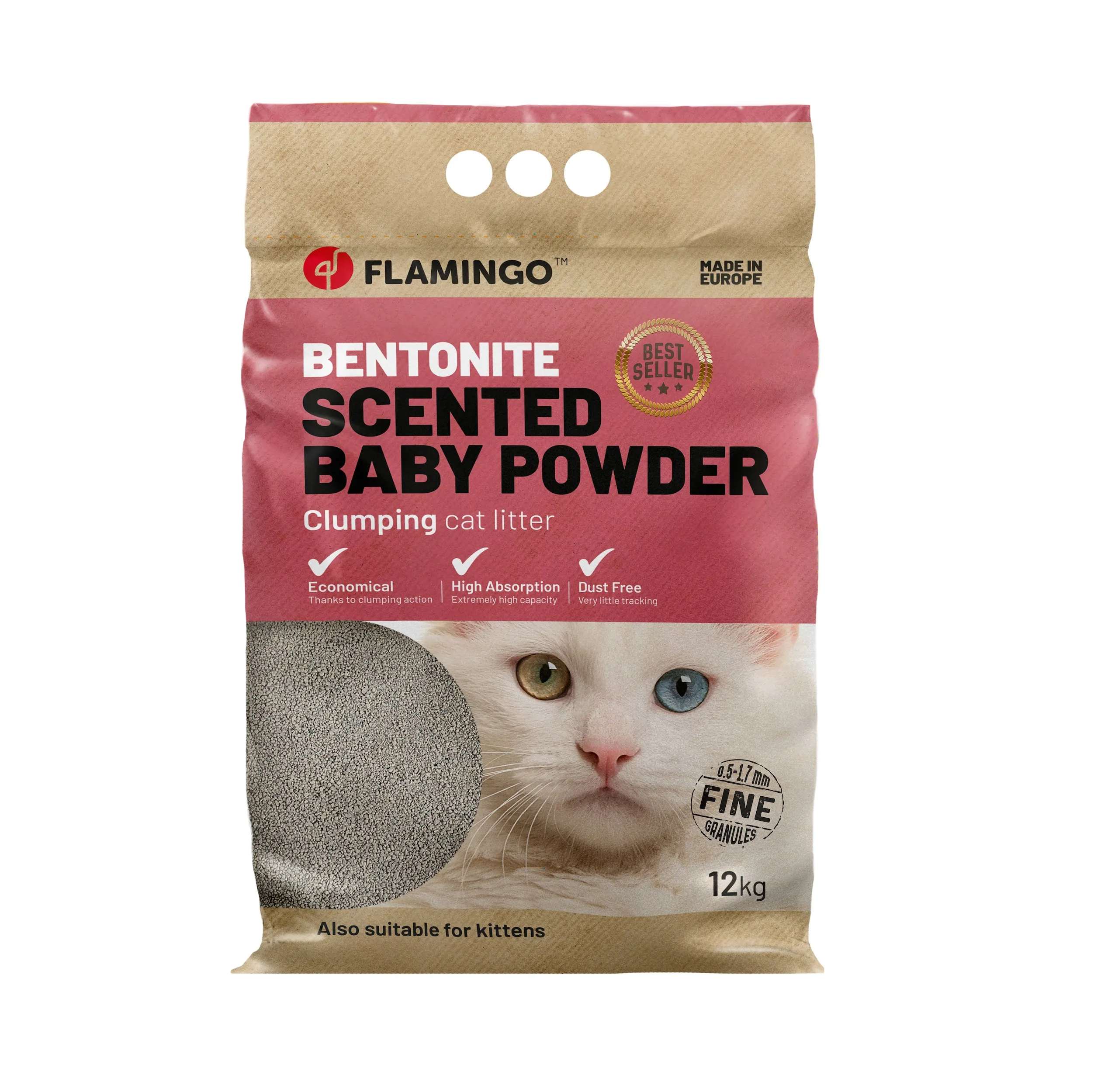 Flamingo Katzenstreu Bentonit FEINE Körner Babypuderduft 12kg/Europa