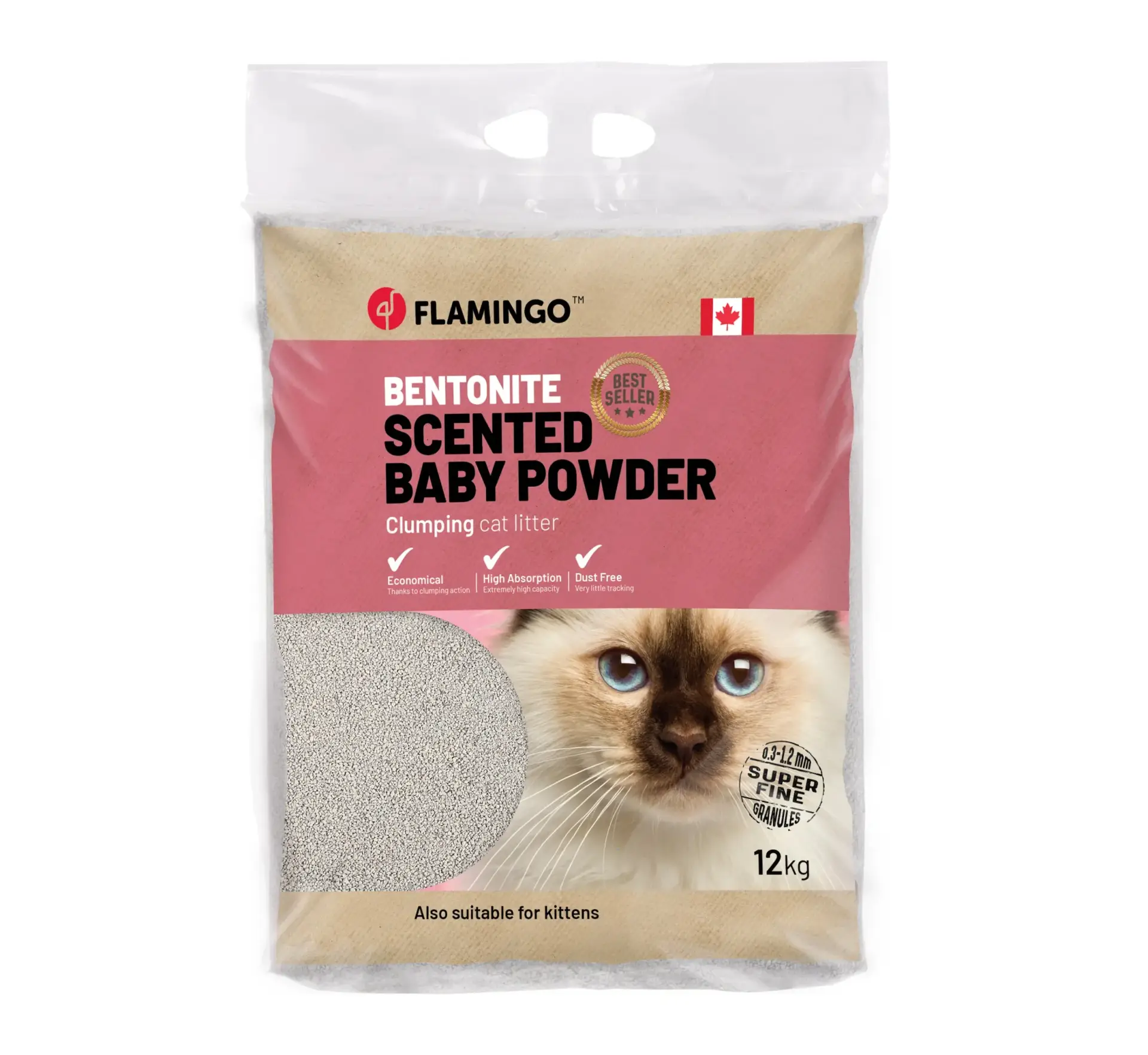 Flamingo Katzenstreu Bentonit mit Babypuder EXTRA FEINE Körner Klumpend 12kg/Kanada