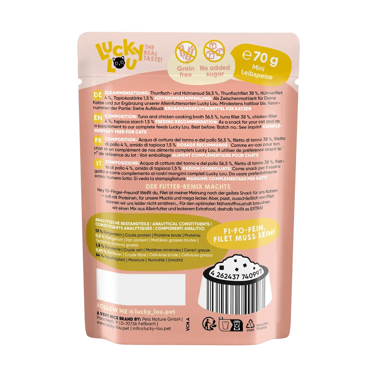 Lucky Lou Extra Food Thunfisch-& Hühnerfilet mit Gelee 70g Pouch – Bild 3