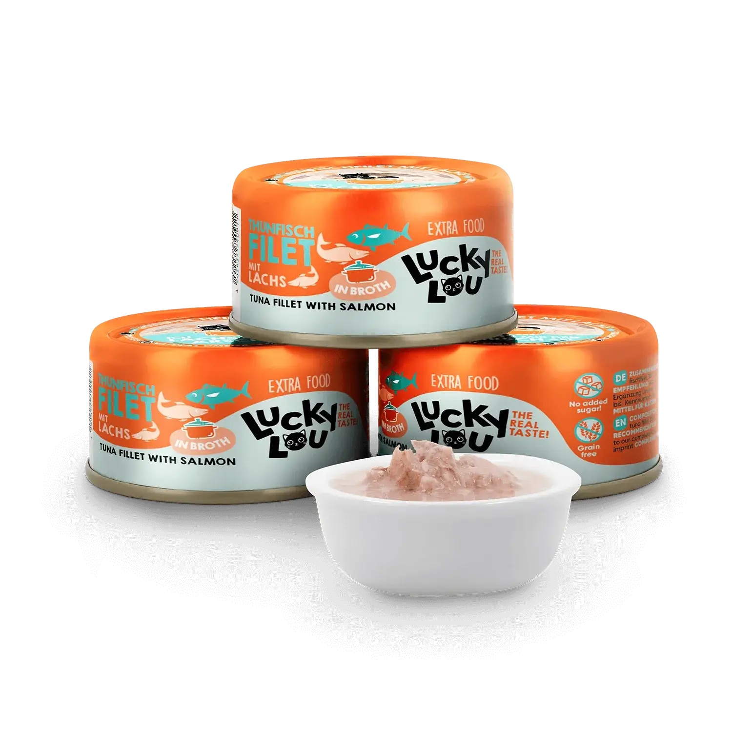 Lucky Lou Extrafood Thunfisch & Lachs in Sud 70g Dose – Bild 2