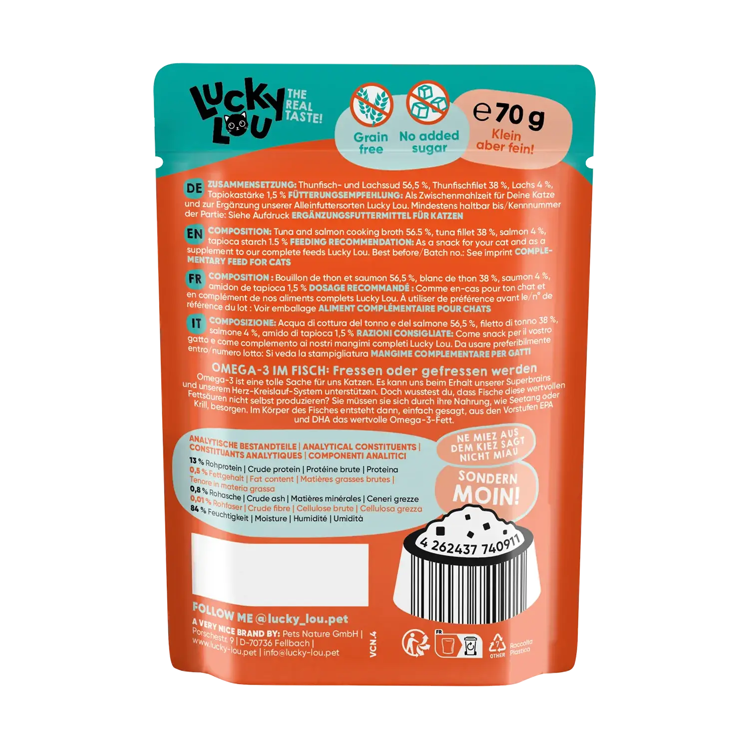 Lucky Lou Extrafood Thunfisch & Lachs in Sud 70g Pouch – Bild 3