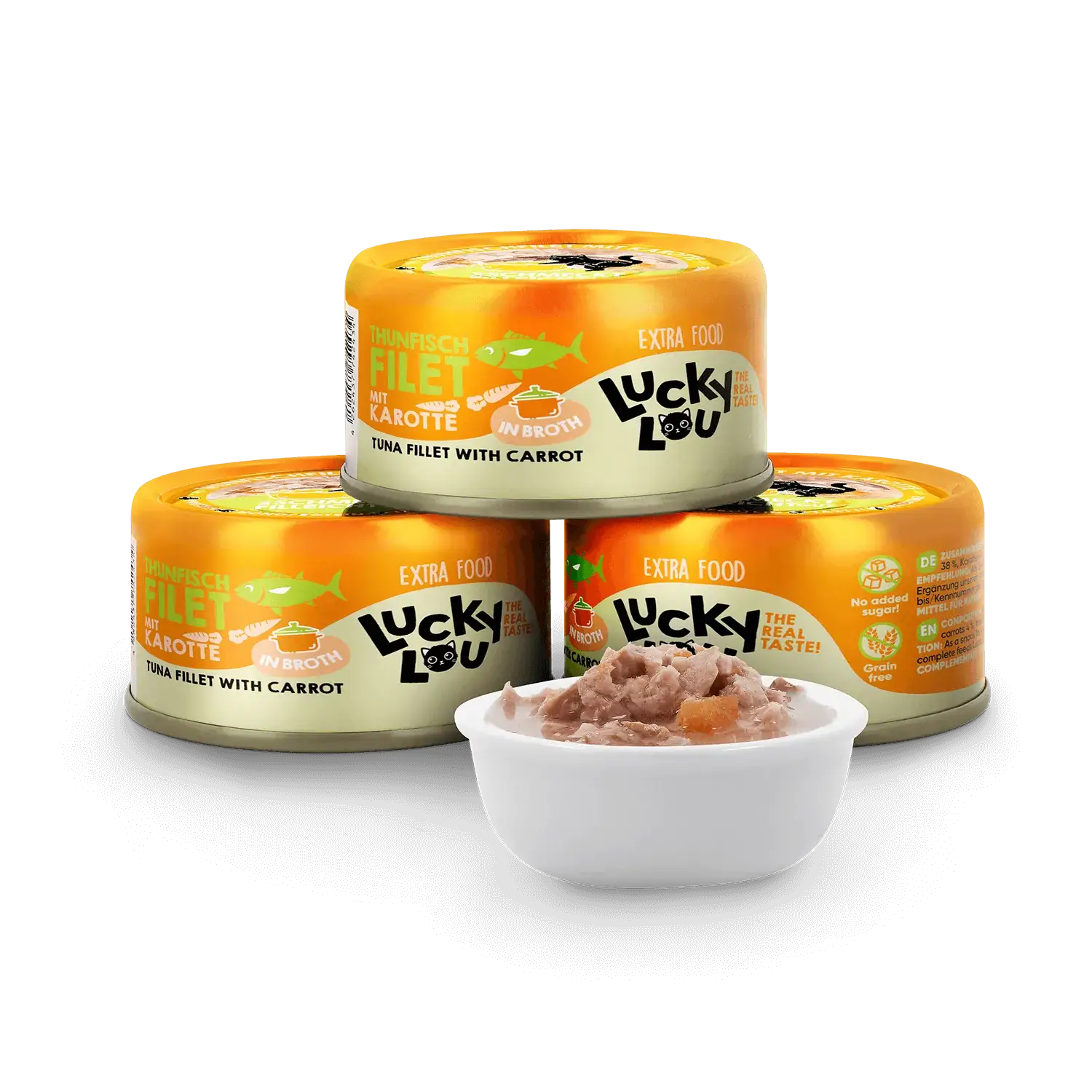 Lucky Lou Extrafood Thunfisch mit Karotte in Sud 70g Dose – Bild 2
