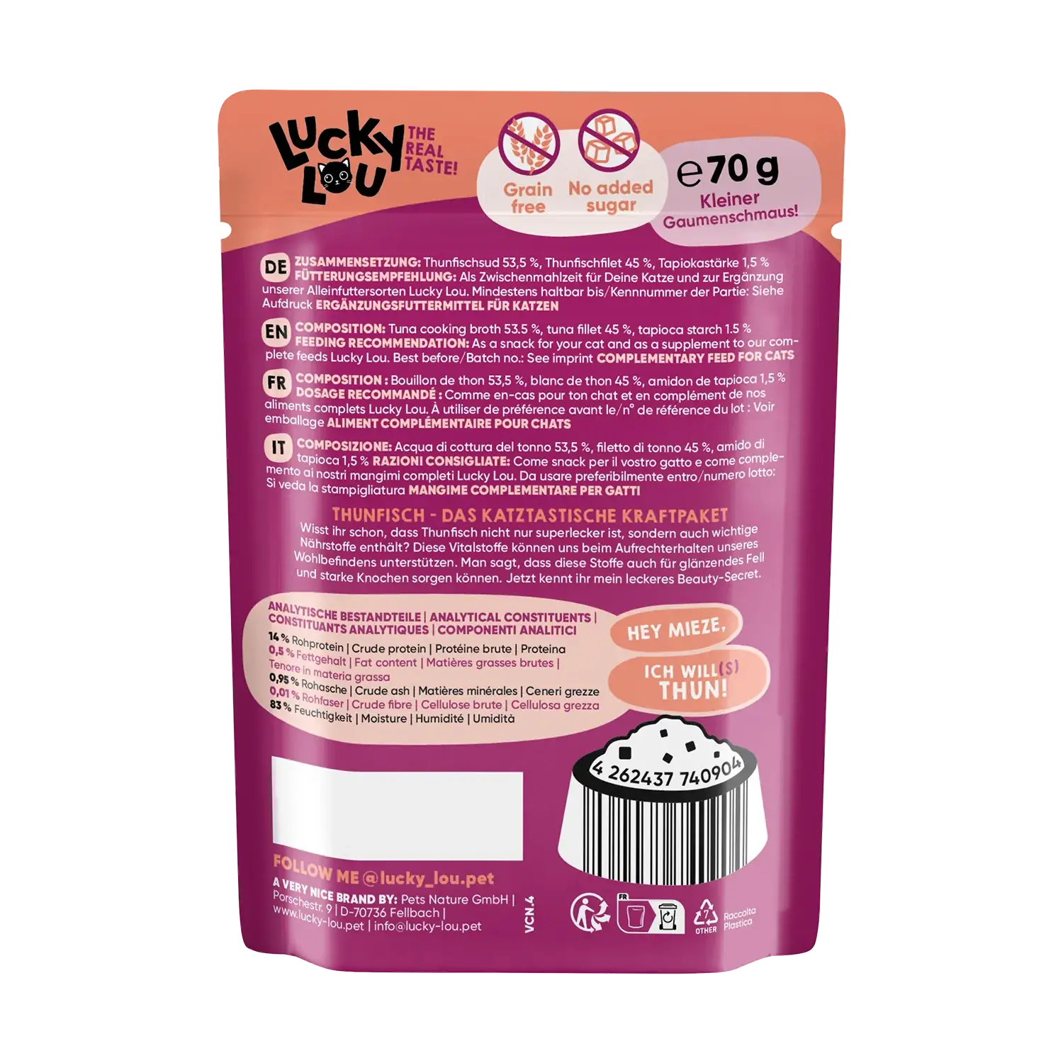 Lucky Lou Extrafood Thunfischfilet in Sud 70g Pouch – Bild 3