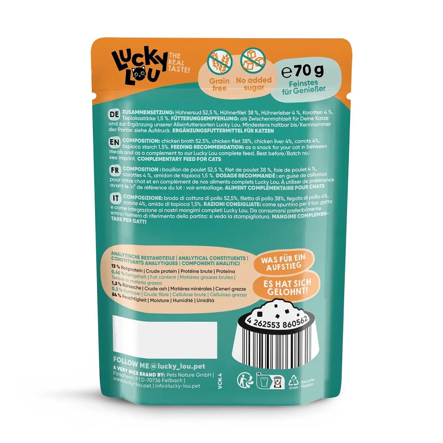Lucky Lou® EXTRA FOOD Hühnerfilet mit Hühnerleber & Karotten in Broth 70g Pouch – Bild 2