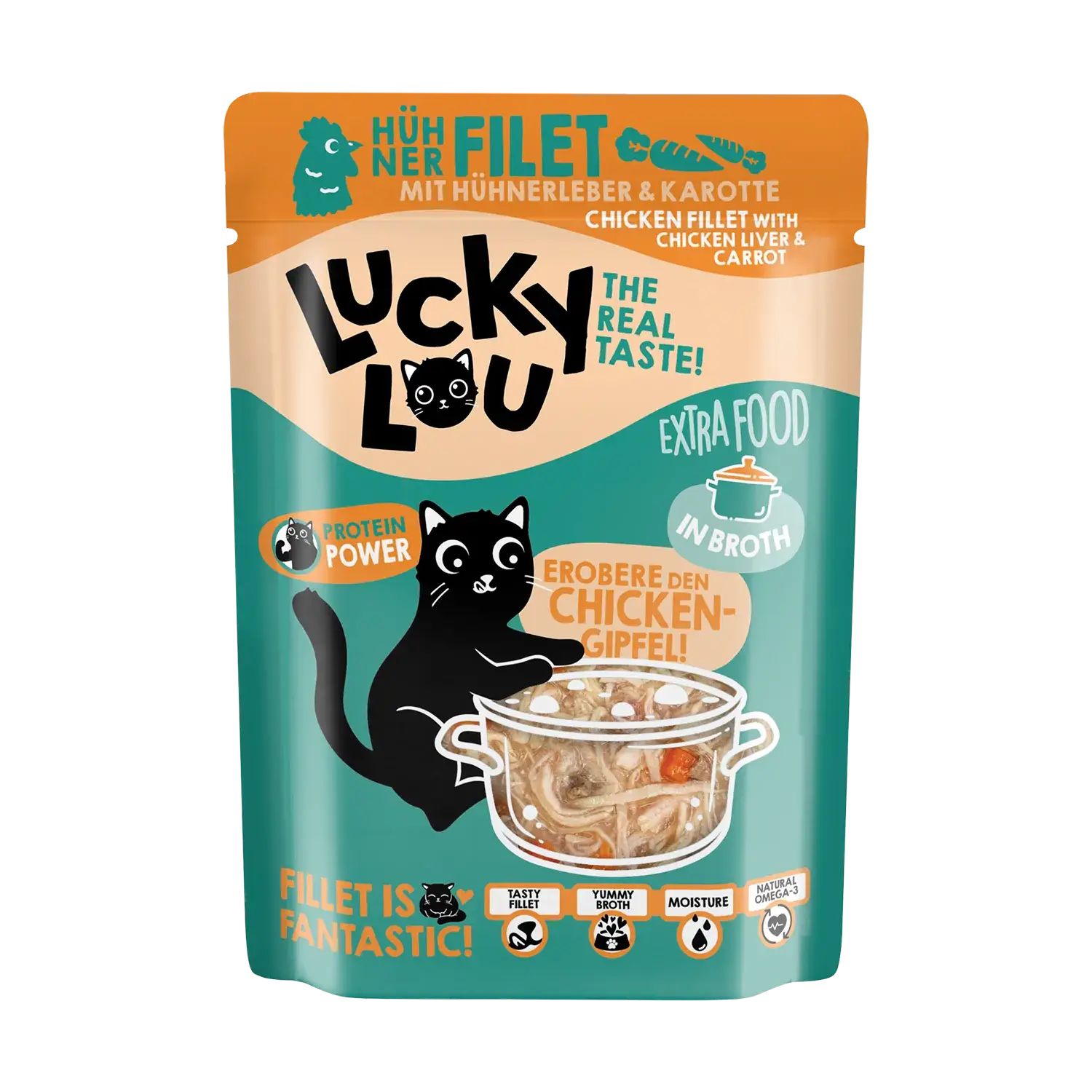 Lucky Lou® EXTRA FOOD Hühnerfilet mit Hühnerleber & Karotten in Broth 70g Pouch