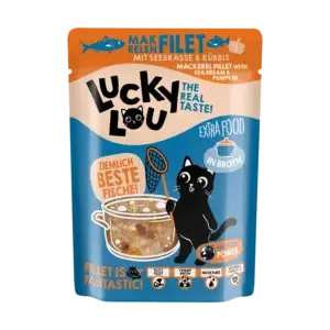 Lucky Lou® EXTRA FOOD Makrelenfilet mit Seebrasse & Kürbis in Broth 70g Pouch
