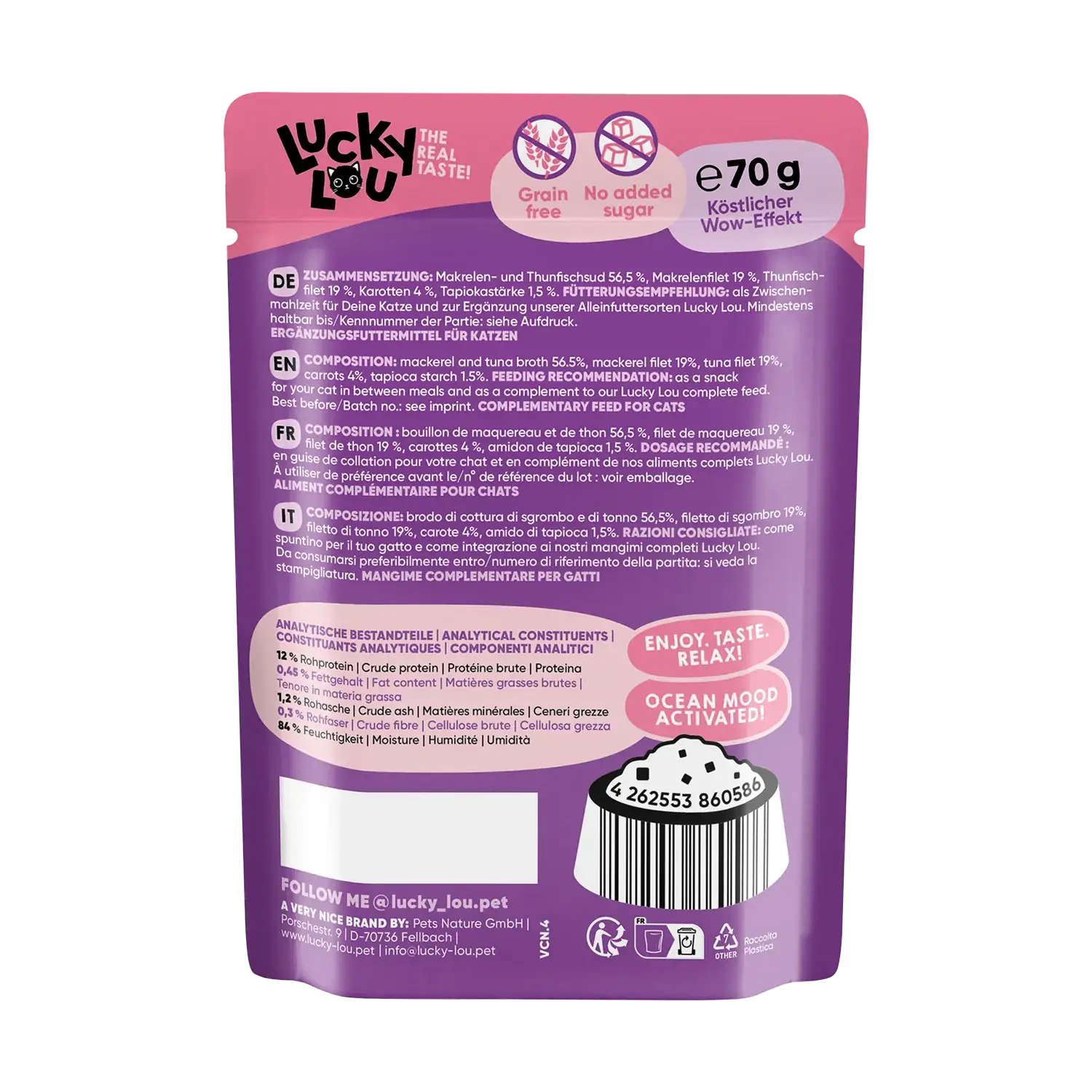 Lucky Lou® EXTRA FOOD Makrelenfilet mit Thunfisch & Karotte in Broth 70g Pouch – Bild 2
