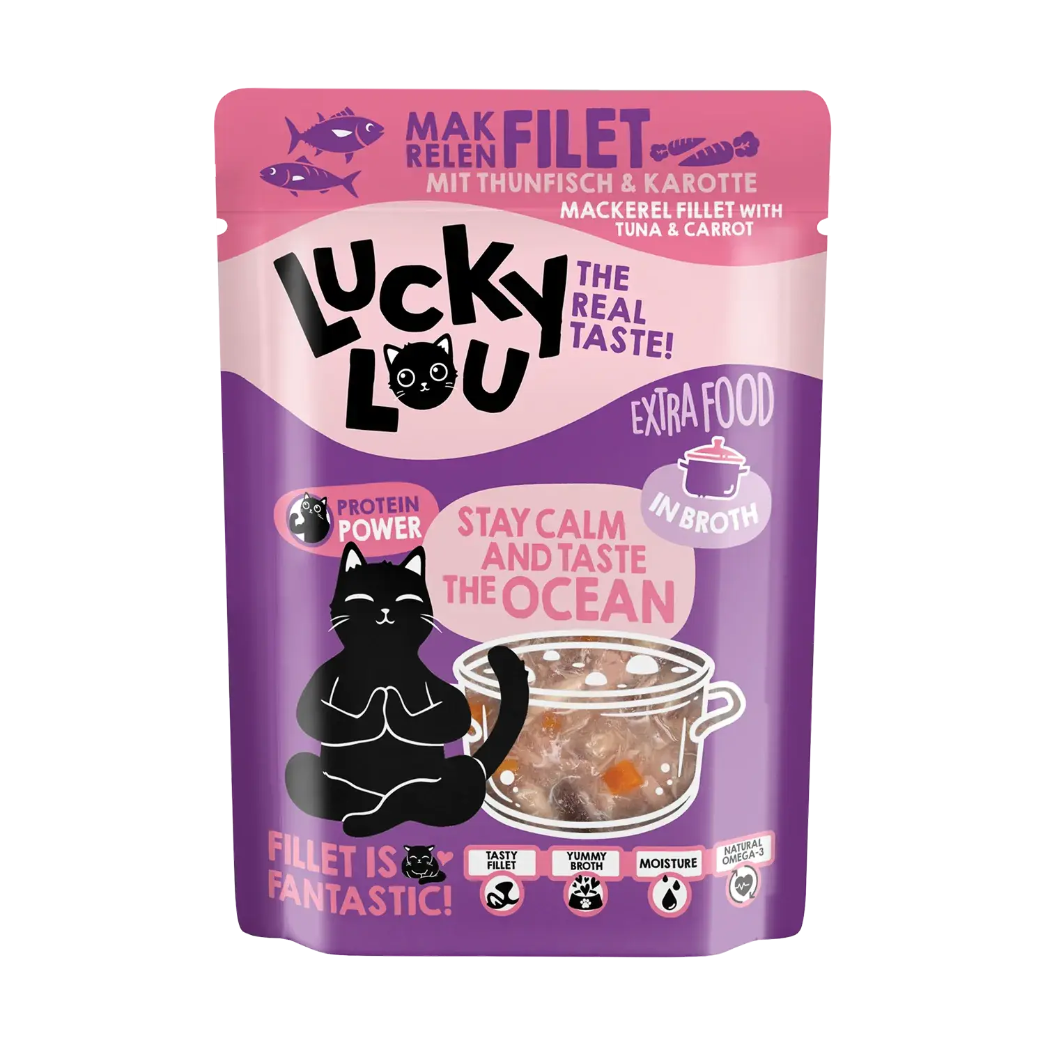Lucky Lou® EXTRA FOOD Makrelenfilet mit Thunfisch & Karotte in Broth 70g Pouch