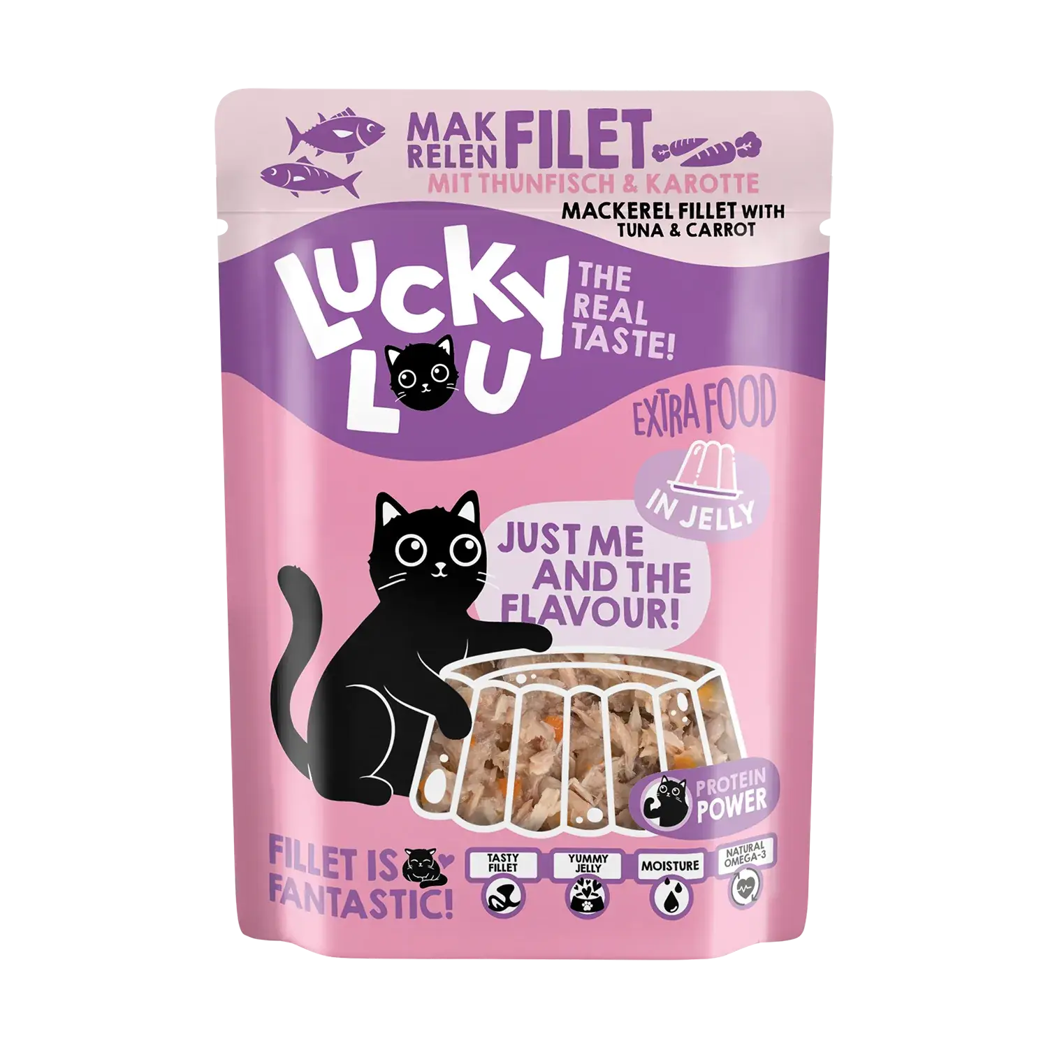 Lucky Lou® EXTRA FOOD Makrelenfilet mit Thunfisch & Karotte in Jelly 70g Pouch
