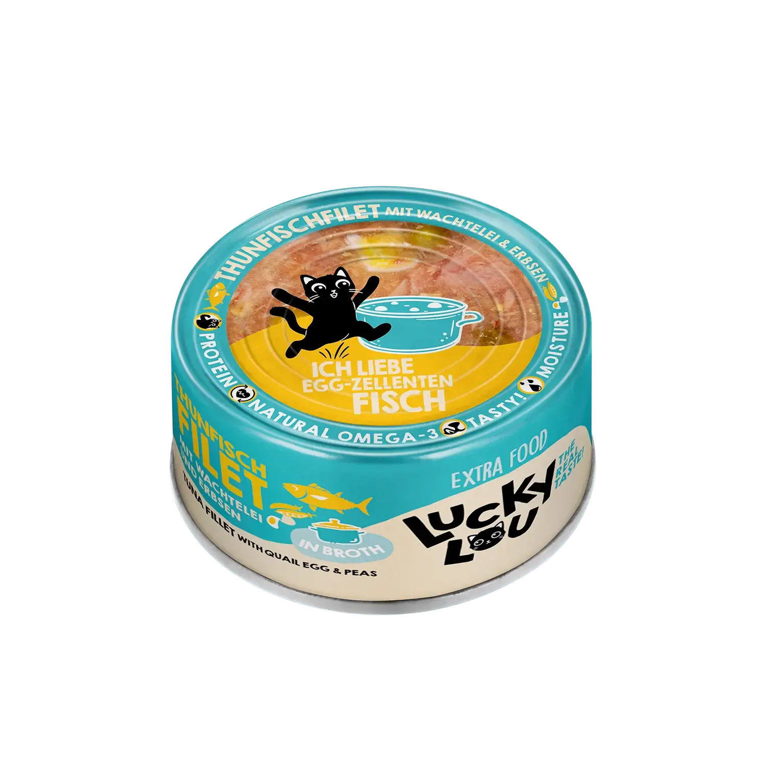Lucky Lou® EXTRA FOOD Thunfischfilet mit Wachtelei & Erbsen in Broth 70g Dose – Bild 4