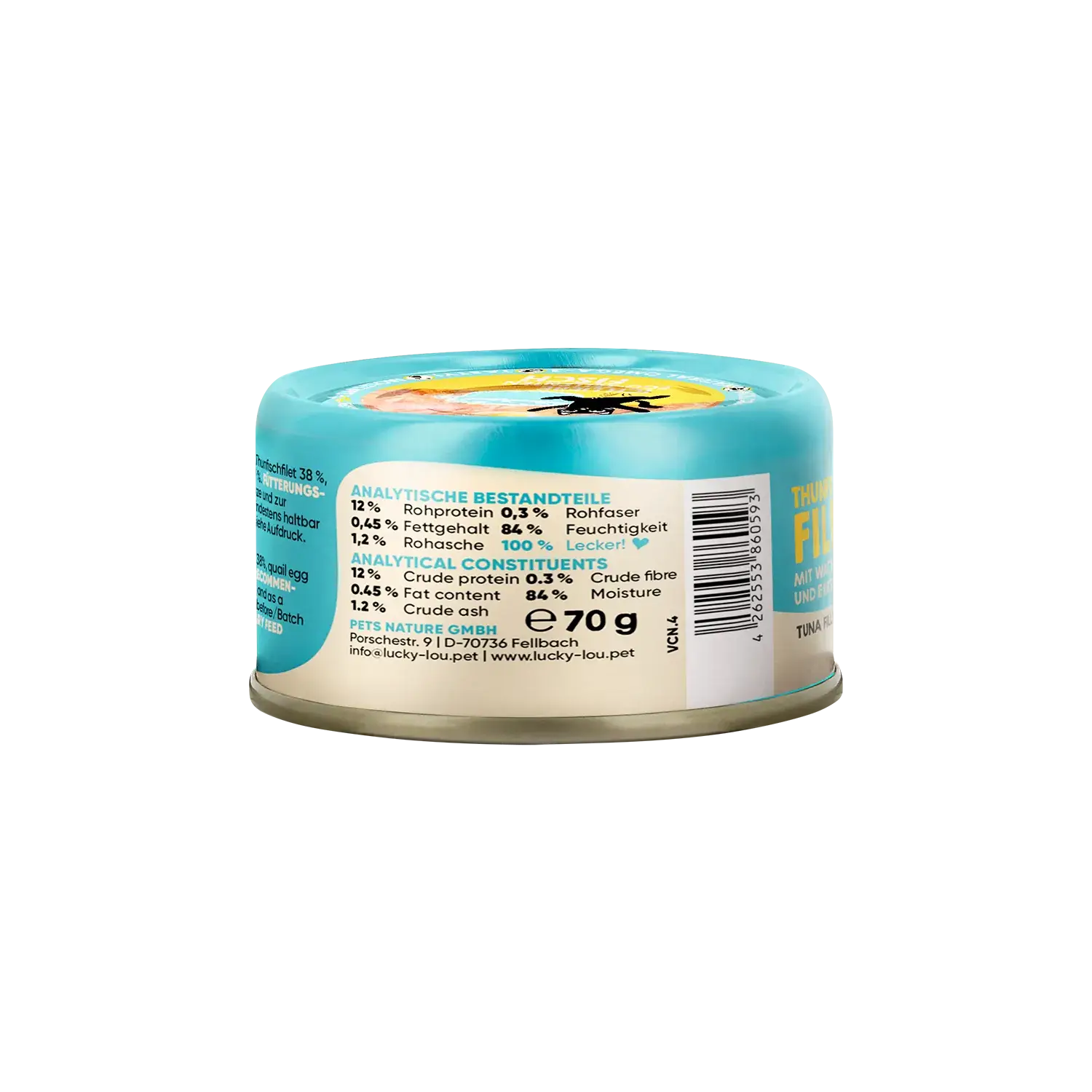 Lucky Lou® EXTRA FOOD Thunfischfilet mit Wachtelei & Erbsen in Broth 70g Dose – Bild 2
