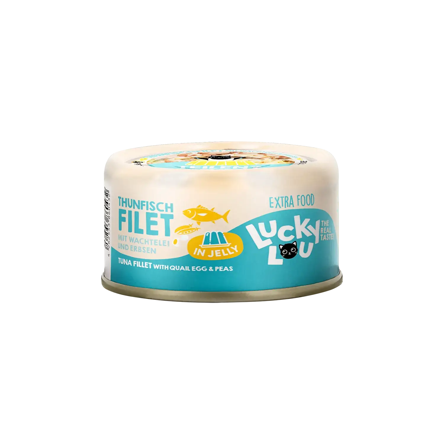 Lucky Lou® EXTRA FOOD Thunfischfilet mit Wachtelei & Erbsen in Jelly 70g Dose
