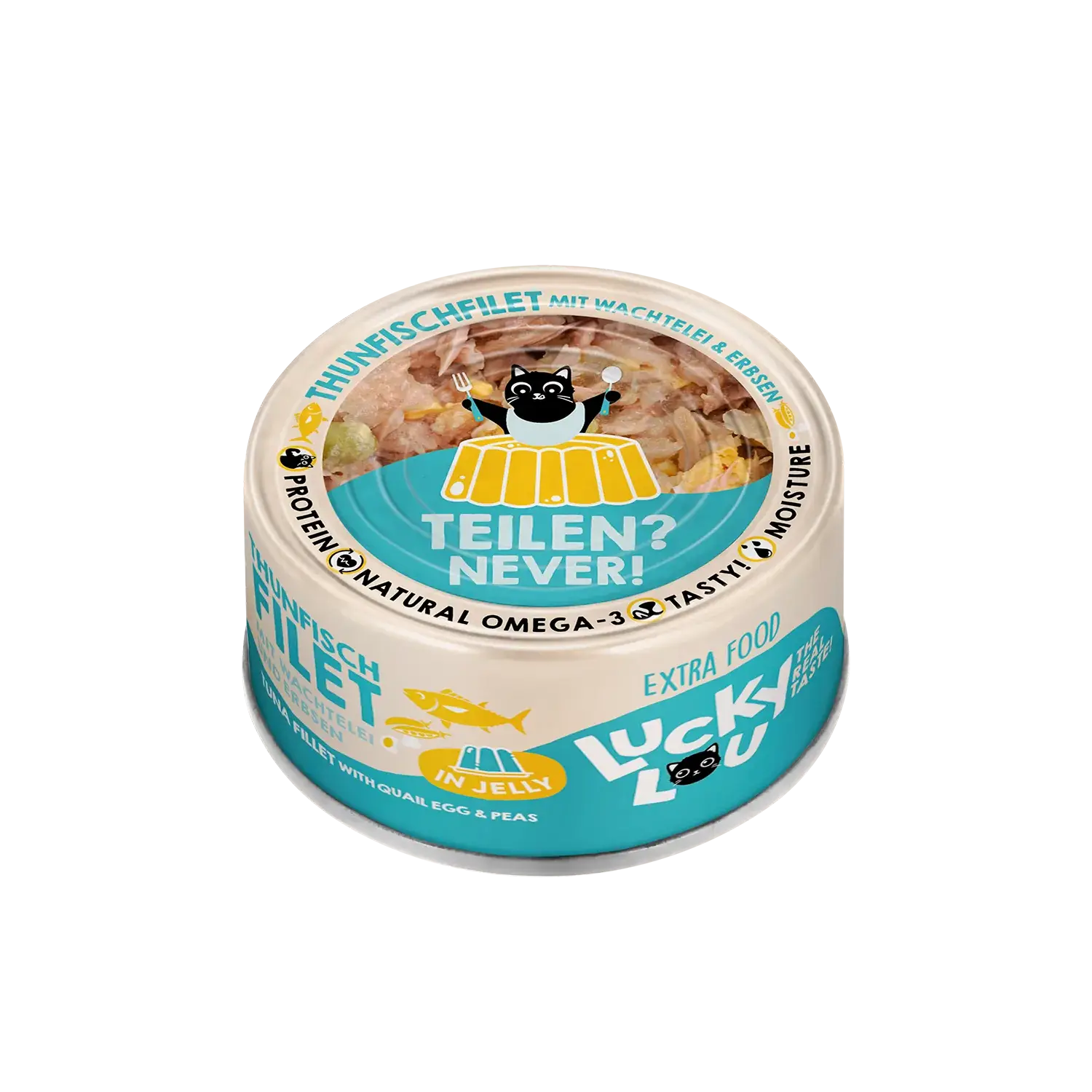 Lucky Lou® EXTRA FOOD Thunfischfilet mit Wachtelei & Erbsen in Jelly 70g Dose – Bild 4