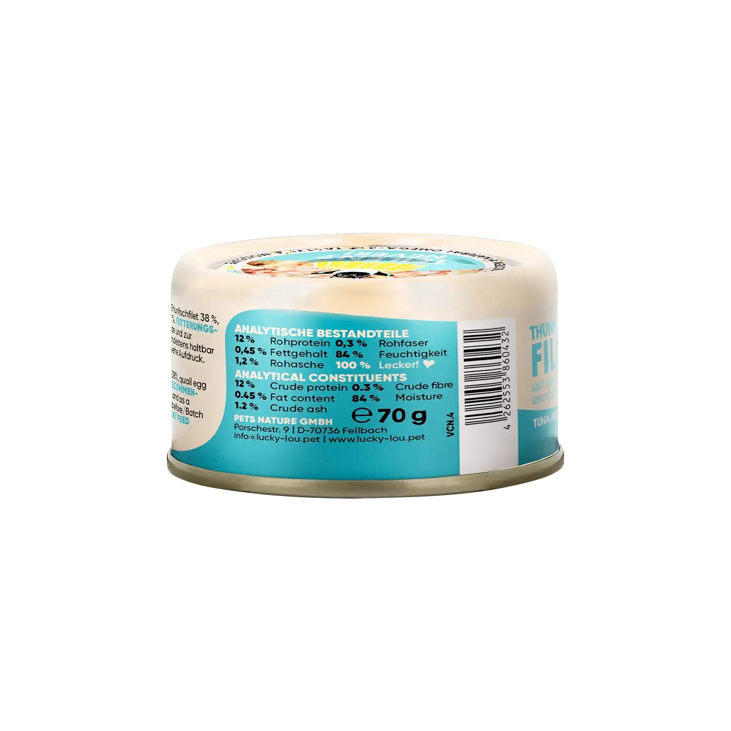 Lucky Lou® EXTRA FOOD Thunfischfilet mit Wachtelei & Erbsen in Jelly 70g Dose – Bild 2