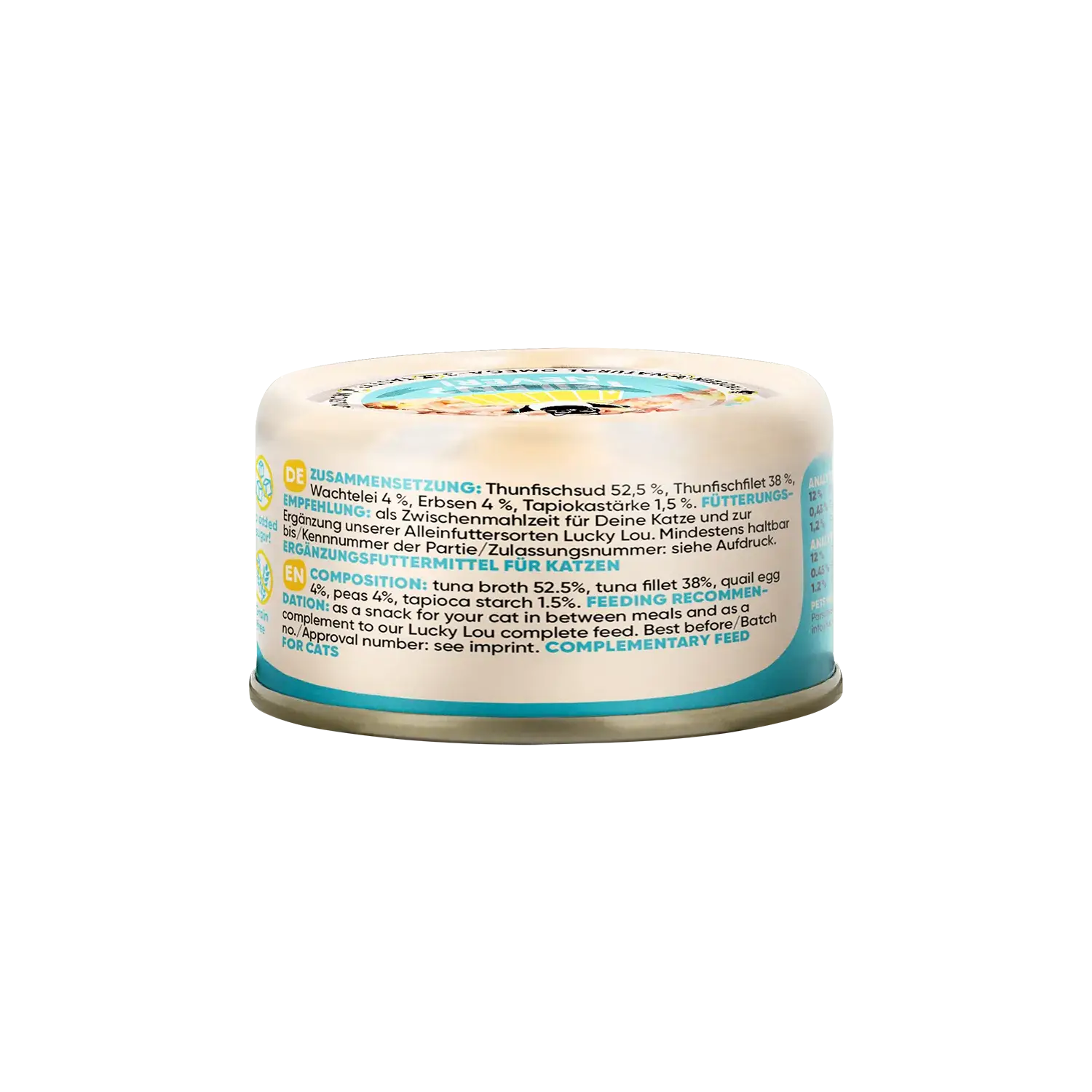 Lucky Lou® EXTRA FOOD Thunfischfilet mit Wachtelei & Erbsen in Jelly 70g Dose – Bild 3