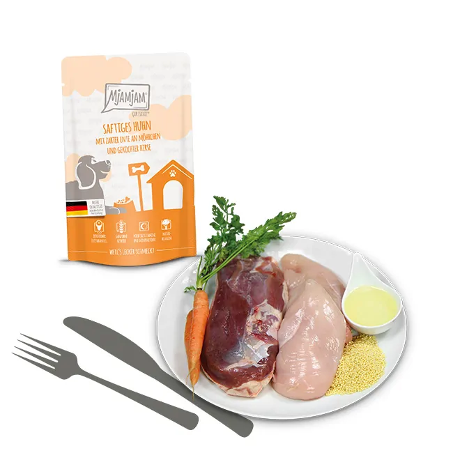 Mjamjam Dog - Quetschie - saftiges Huhn mit zarter Ente an Möhrchen und gekochter Hirse 125g – Bild 2