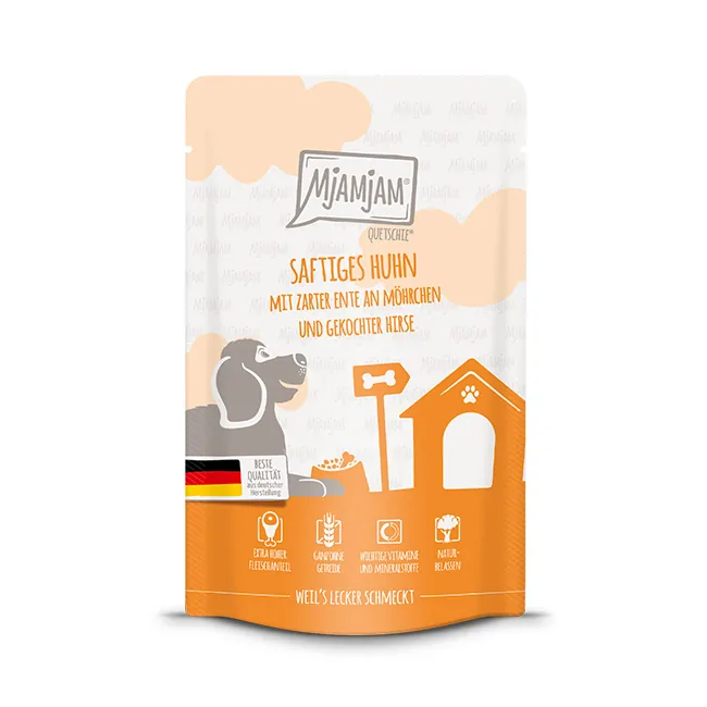 Mjamjam Dog - Quetschie - saftiges Huhn mit zarter Ente an Möhrchen und gekochter Hirse 125g