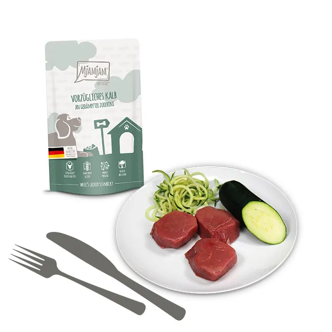 Mjamjam - Quetschie - vorzügliches Kalb an gedämpfter Zucchini 125g – Bild 2