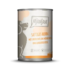Mjamjam Dog - saftiges Huhn mit zarter Ente an Möhrchen und gekochter Hirse