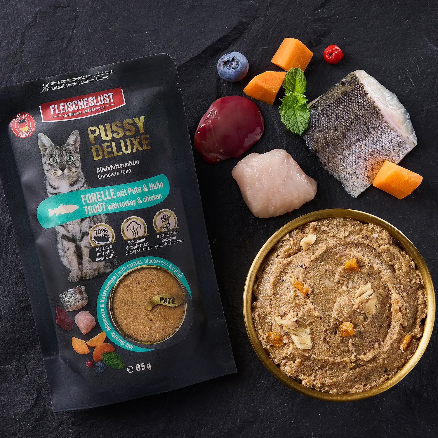 Fleischeslust - Pussy Deluxe Forelle mit Pute & Huhn 85g – Bild 4