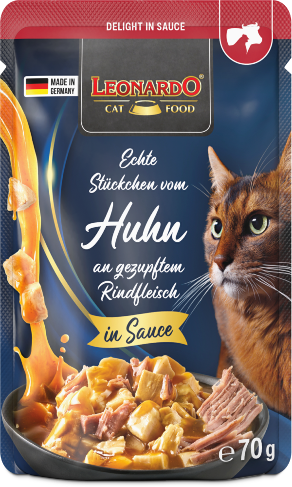Leonardo Delight in Sauce Fleisch-Duett Echte Stückchen vom Huhn an gezupftem Rindfleisch 70g