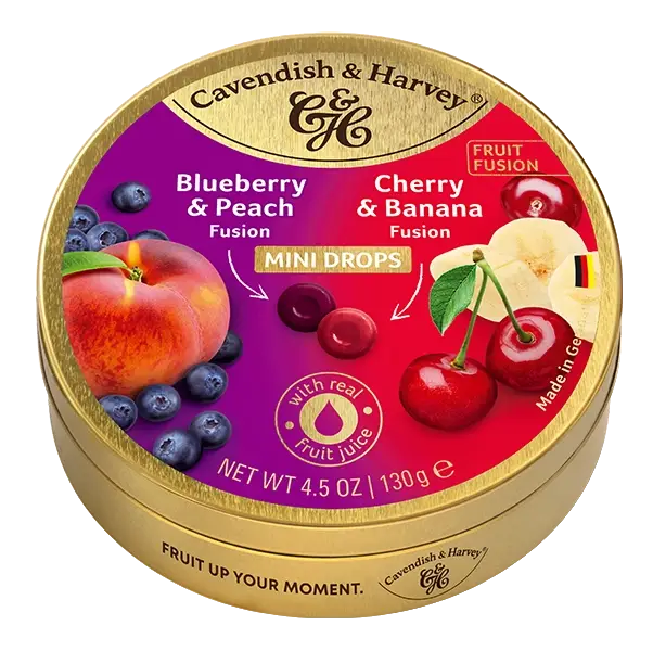 Cavendish & Harvey Mini Drops Fruit Fusion Drops – Blueberry&Peach / Cherry&Banana, 130g