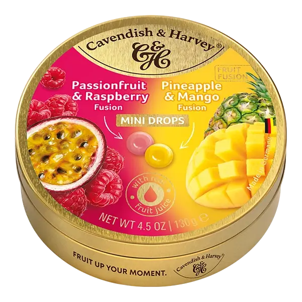 Cavendish & Harvey Mini Drops Fruit Fusion Drops – Passionfruit&Raspberry / Pineapple&Mango, 130g